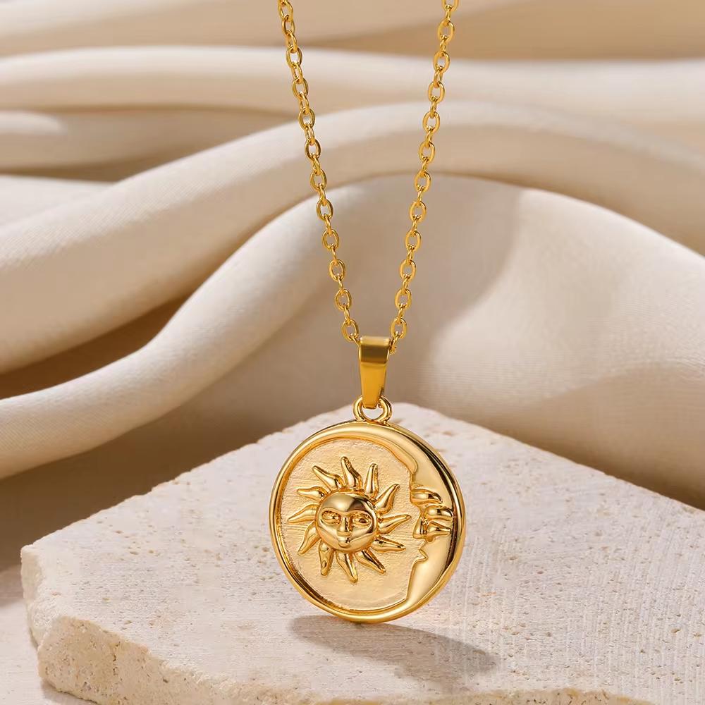 Geometrische Edelstahlkette für Damen Mode Sonne Sonnenblumen-Anhänger Schlüsselbein-Kette Ästhetischer Schmuck Zubehör Femme