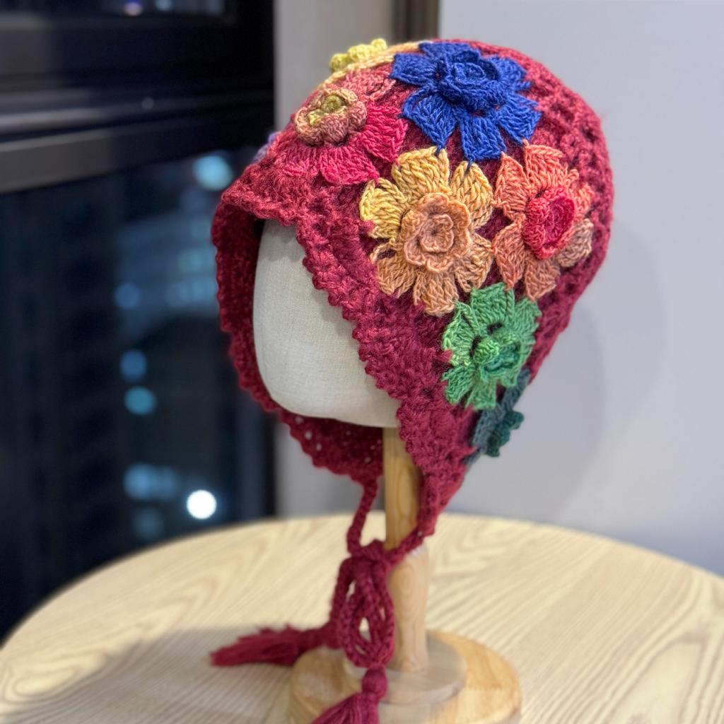 New Autumn and Winter Colorful Handmade Crochet Artistic Knitted Hat for Women, Ethnic Style, Sweet and Versatile, Double-layer Cotton Yarn Head Wrap