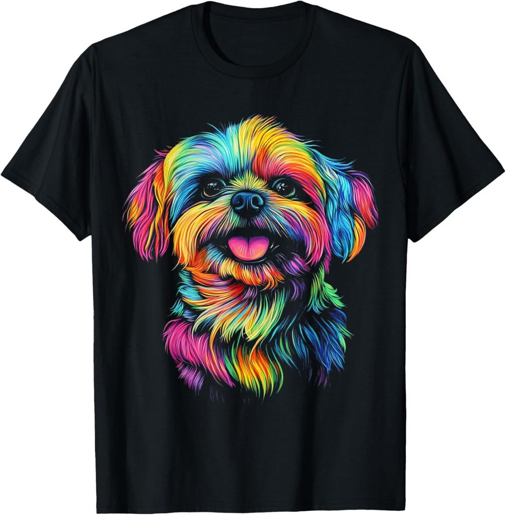 Rainbow Shih Tzu Dog Pop Art Print Casual Cotton Crew Neck Short Sleeve T-Shirt for Men
