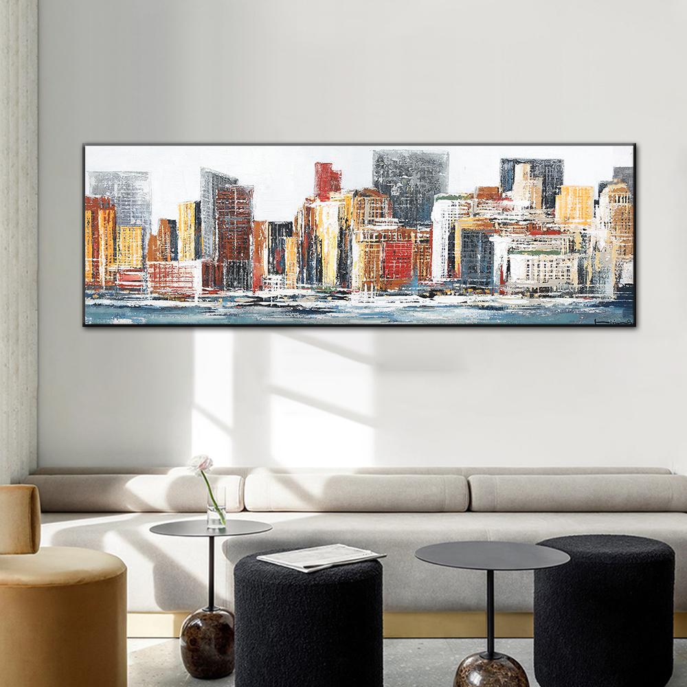 Modern Abstract Building Oil Painting Poster and Print Landscape Wall Art Original Canvas Painting Picture for Living Room Decor
