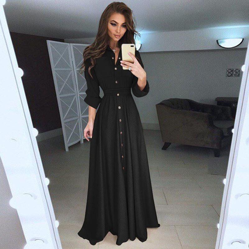 Sleeve Women Long Button Dowm Maxi Dress Evening Party Casual Dress Shirt