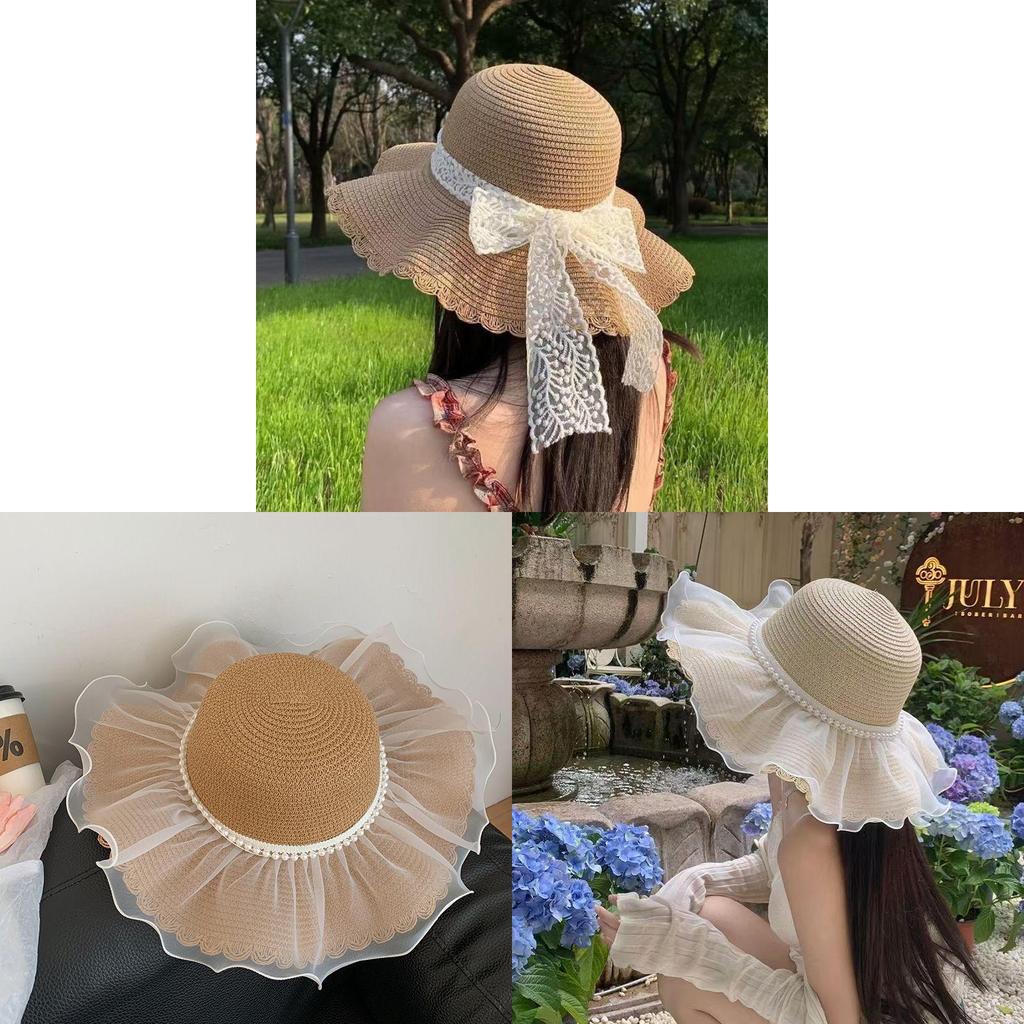 Straw Hat With French Lace Bow And Wave Edge For Beach Sun Protection