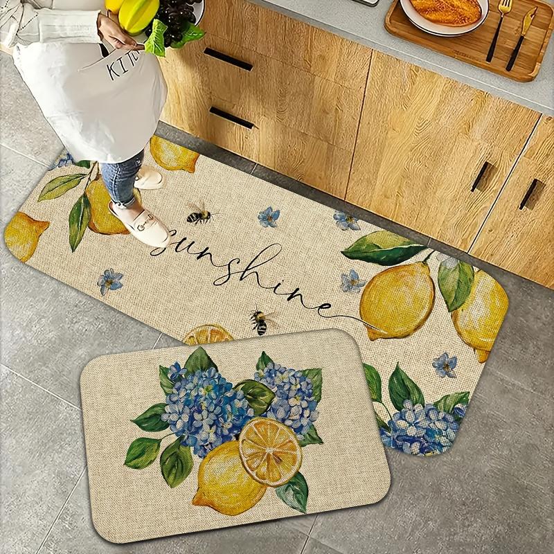1Pcs Anti Fatigue Kitchen Rugs Watercolor Lemon Flower Sunshine Print Waterproof Non Slip Thick Cushioned Kitchen Mat Heavy Duty