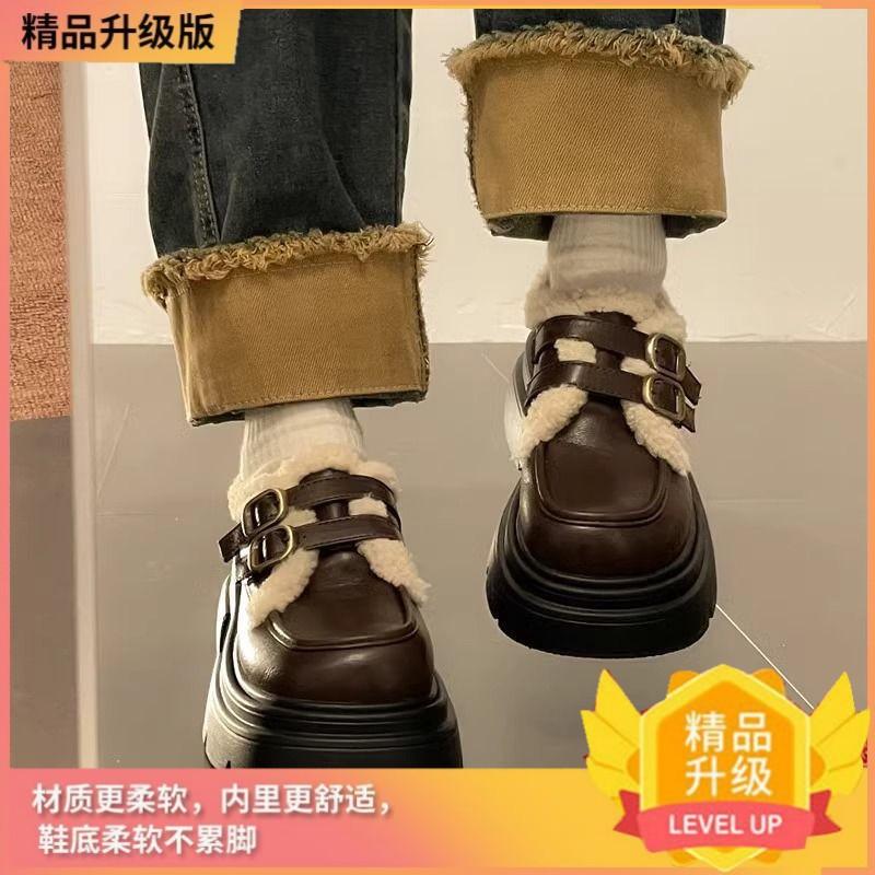 British Style Small Leather Shoes Women's Autumn and Winter New Platform Super Soft Velvet Cotton Shoes Mary Jane Shoes