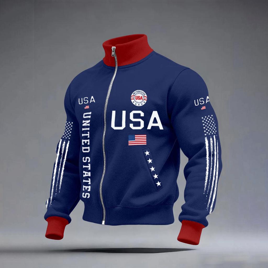 Cardigan à Manches Longues zippé pour Homme Casual avec Imprimé Lettres Anniversaire USA
