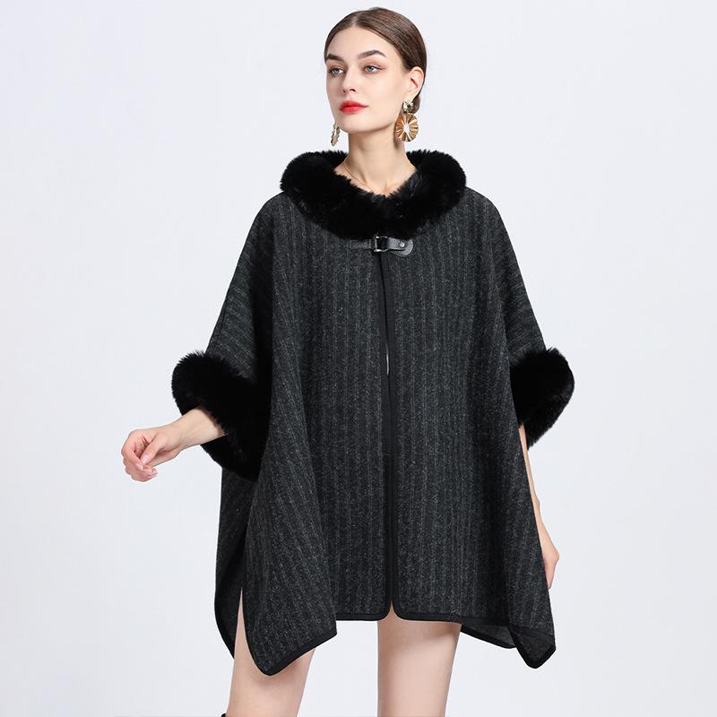 Herbst und Winter Damen Haarkragen Schal Cape Große Größe Strickjacke Tweed Jacke