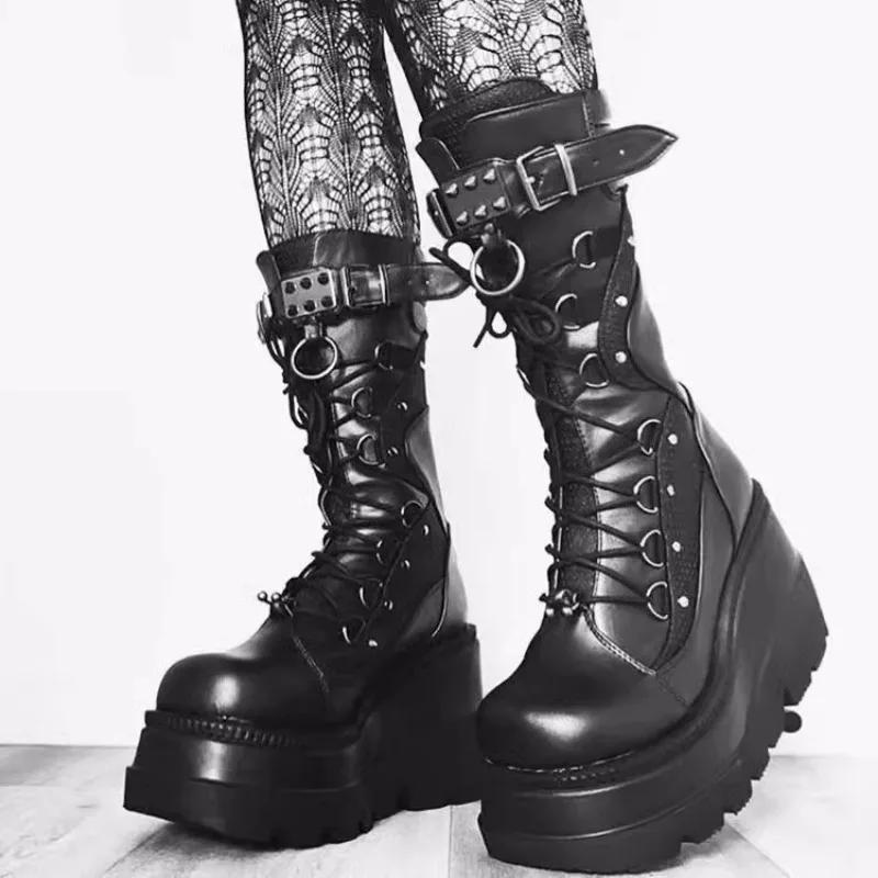 Fashion 2025 Autumn Platform Mid-calf Boots 9.5CM High Heels Women Thick Sole Winter Leather Punk Shoes Chunky Motorcycle Boots Woman