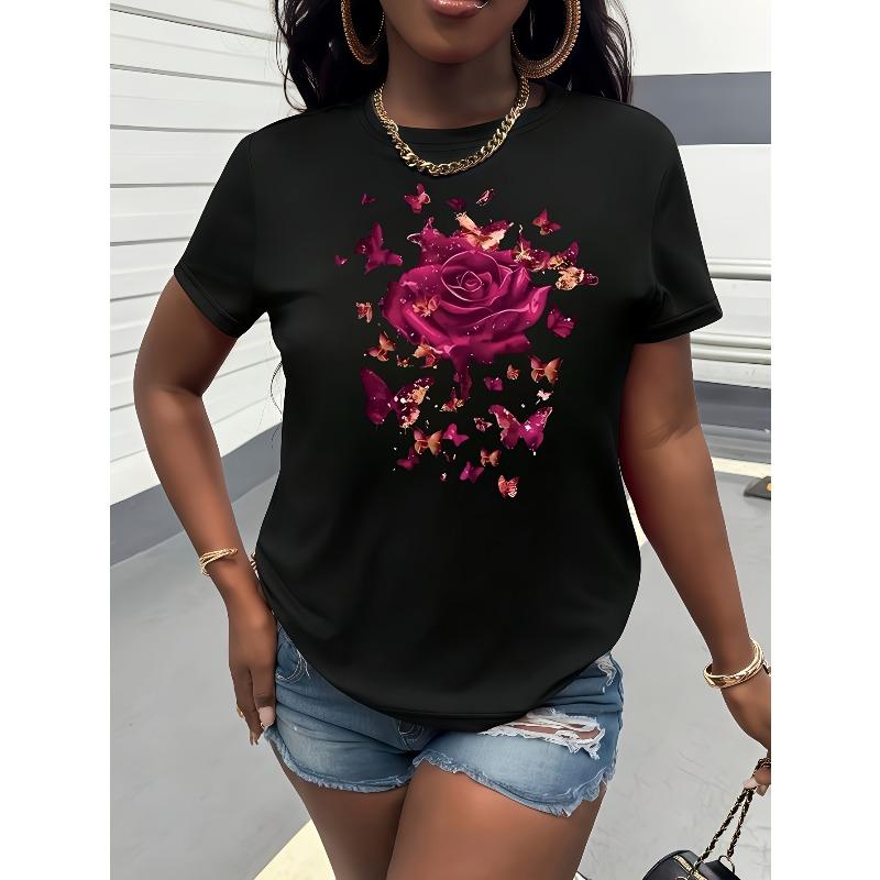 European sizes Butterflies Surround Roses Print T-shirt, Short Sleeve Crew Neck Casual Top, Women's Clothing