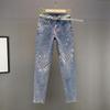 Women Rhinestone Skinny Jeans Autumn  Casual High Waist Thin Nine Pants