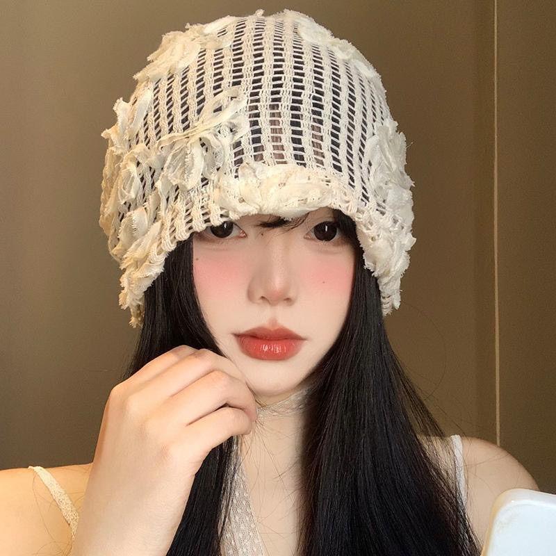 Women's Lace Petal Head-Wrapping Hat Summer Thin Sweet Slouchy Beanie Large Head Circumference Face-Slimming Pull-On Hat