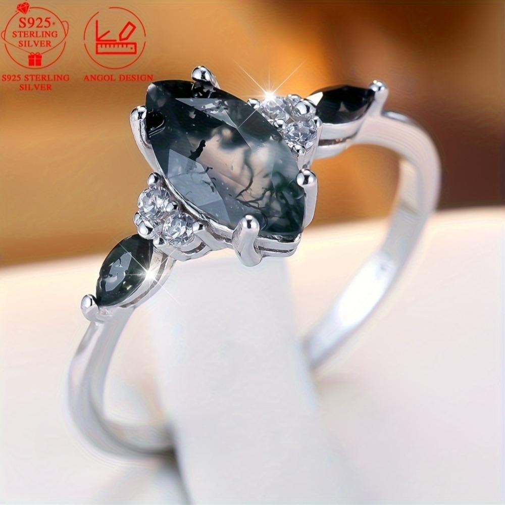 925 Sterling Silver Marquise Cut Natural Moss Agate Rings for Women Wedding Engagement Geometric Jewelry Gift
