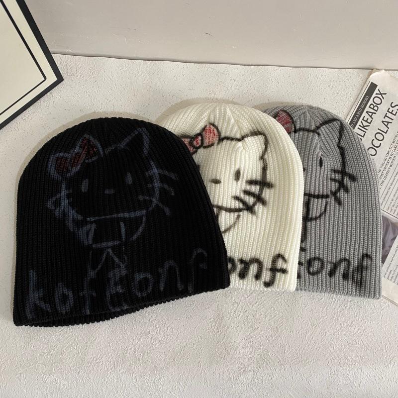 JYL TS DIY Cat Beanie Women Korean Winter Warm Ear Protection Knit Hat Acrylic