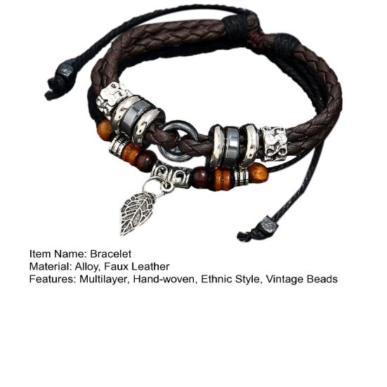 Bracciale Tessuto a Mano Yousheng Perline Vintage Foglia in Lega Ciondolo Multistrato Braccialetto con Perline Stile Etnico Uomo Donna Bracciale Gioielli Accessori Regalo