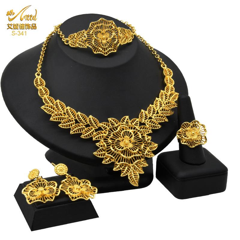 24K Gold Plated Arab Women's Bridal Necklace Earrings Ring Bracelet Indian Women's Jewelry Set