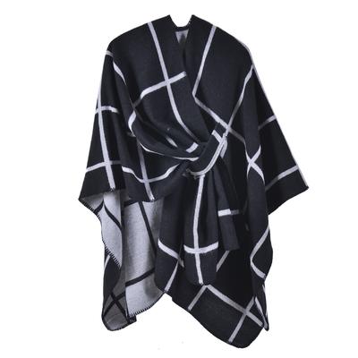 New Autumn and Winter Split-ended Warm Shawl European and American Classic Plaid Cloak with Straps and Cardigan