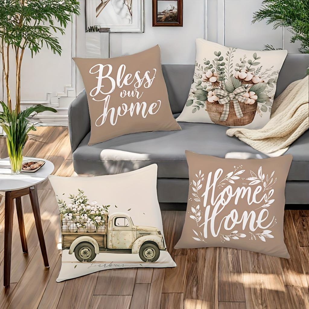 Rustic Charm Throw Pillow Cover: Cotton Flowers, Vintage Truck And Home Blessing Words, Sofa Cushion Cover, Bedroom Room Decor S