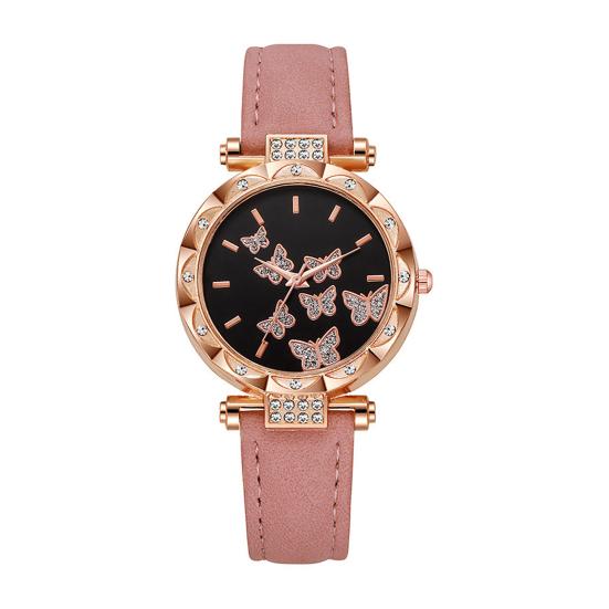Ladies Butterfly Watch Artificial Leather Strap Quartz Watch Rhinestone Round Dial Fashionable Wristwatch for Women Party Office Date