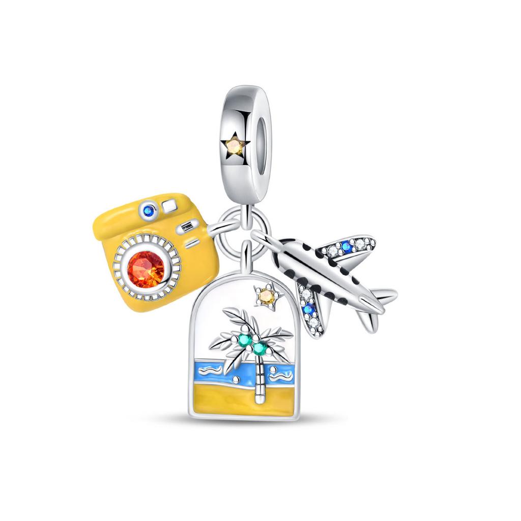 S925 Silver Travel Vacation Airplane Luggage Tag Pendant DIY  Beaded Charm Accessory