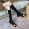 European Station Autumn and Winter Elastic Boots Square Head Tall Fashion Boots Women's Middle Heel Splicing Knee Boots Coarse Heel Boots Women's