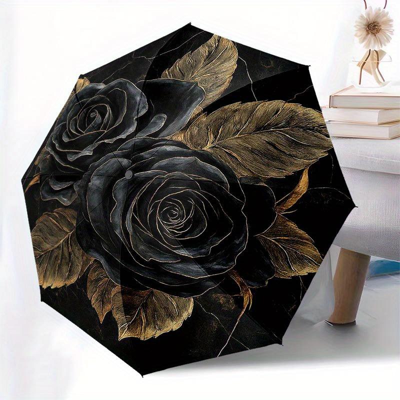 Black Rose Elegance: Unique Circular Wall Art Decor Umbrella, Portable 3-Fold Compact Umbrella for Men & Women R114