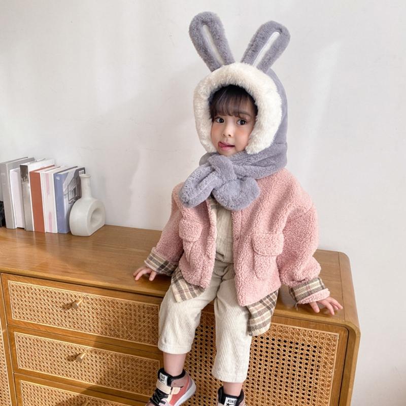 Kids Winter Hat Warm Plush Scarf Hats Thick Earflap Hooded Caps with Rabbit Ears Decoration for Boys Girls Ages 3-8