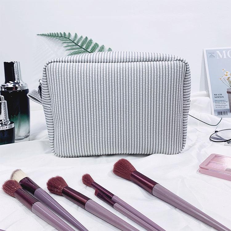 Striped Seersucker Cosmetic Bag - Indian Style Travel Toiletry Pouch