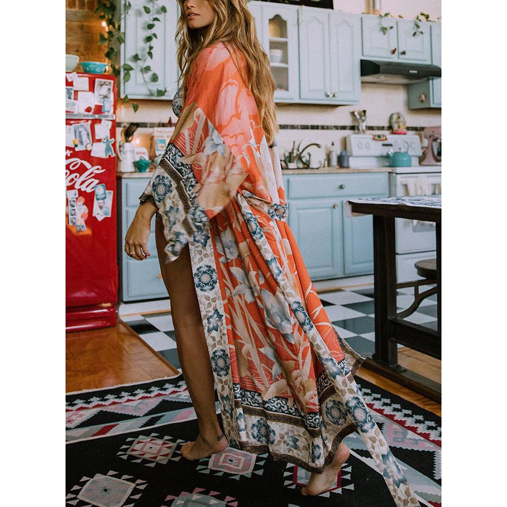 European-American Cotton Floral Kimono Cardigan - Beach Cover-up & Sun Protection 5D58