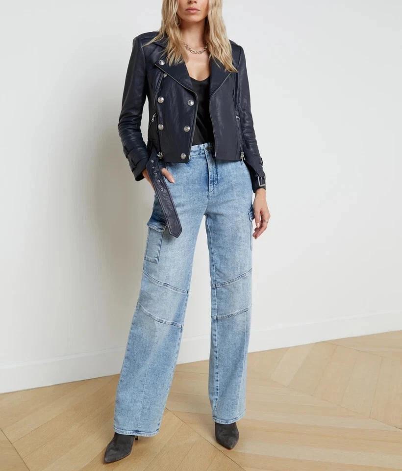 Stylish Navy Blue Women's Jacket Biker Real Lambskin Leather Motorcycle Style