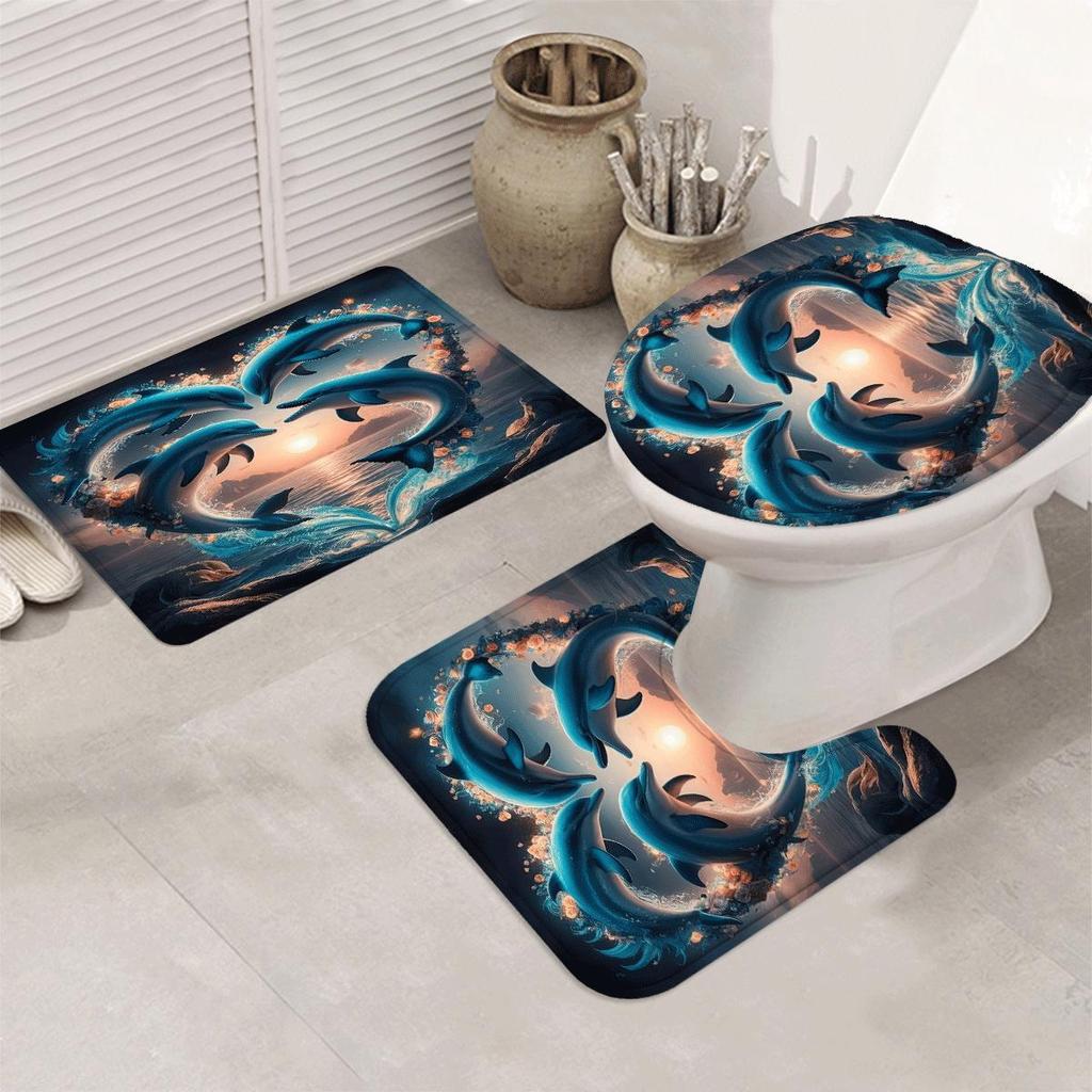 Dolphin Heart Bathroom Set - Waterproof Shower Curtain, Ultra-Soft Floor Mats, Toilet Lid Cover, And Contour Mat