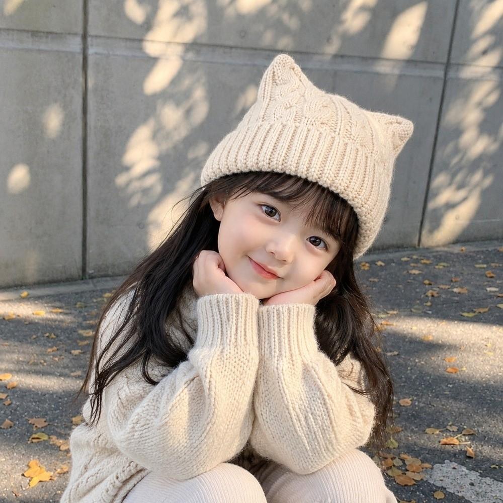 Thicken Kids Cat Ears Hats Solid Coloe Winter Cap Comfortable Knitted Beanie Hat Kids
