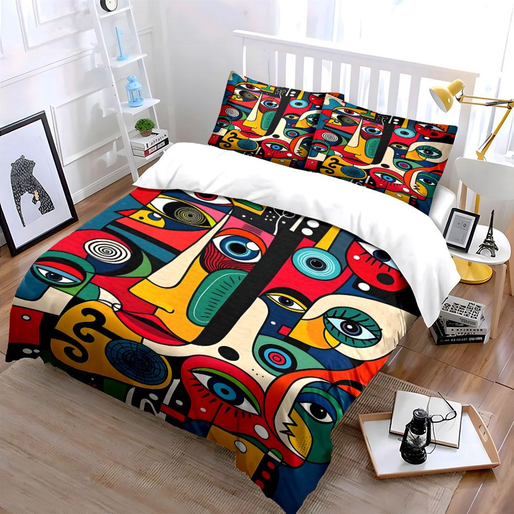 Abstract Colorful Faces with Eyes Bedding Set for Kids Luxury Gift 3pcs Digital Print Comforter Set Soft Comfortable Breathable