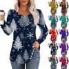 Ladies' Casual And Fashionable Printed Round Neck Long Sleeved Pleated T-shirt Top For Christmas