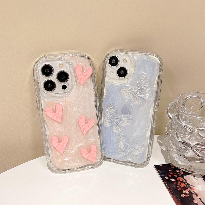 Pink Wind Pleated Love Mobile Phone Case Is Suitable For Iphone17Promax Three-Dimensional Butterfly Apple 15 All-Inclusive.