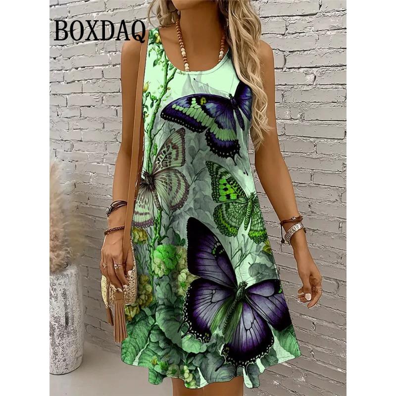Dresses For Women Women Vacation Beach Summer Vest Butterfly Flowers Loose Dress Sundress Casual 3D Print Sleeveless Dress