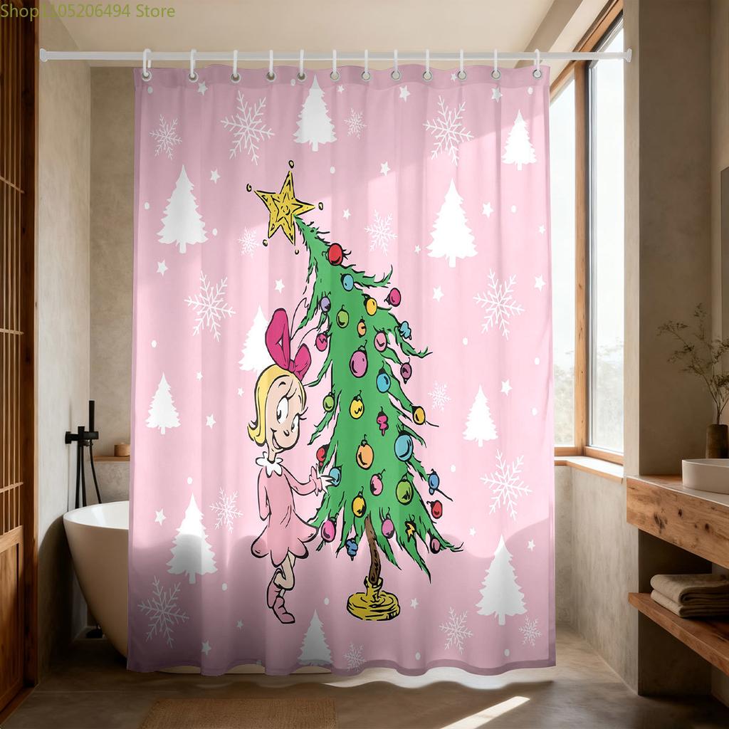 1pc pink cartoon Christmas tree print waterproof shower partition, privacy hanging curtain with 12 hooks multiple size