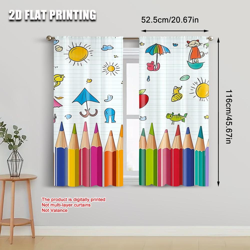 Set Of 2 Spring Summer Curtains Colorful Drawing Pencils Doodle Sheer Polyester Easy Install Decorations Curtain With