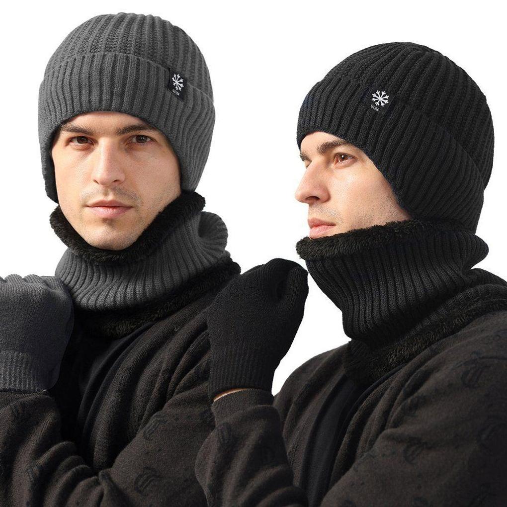 Warm Fleece-lined Neck Warmer and Earflap Beanie Hat Set