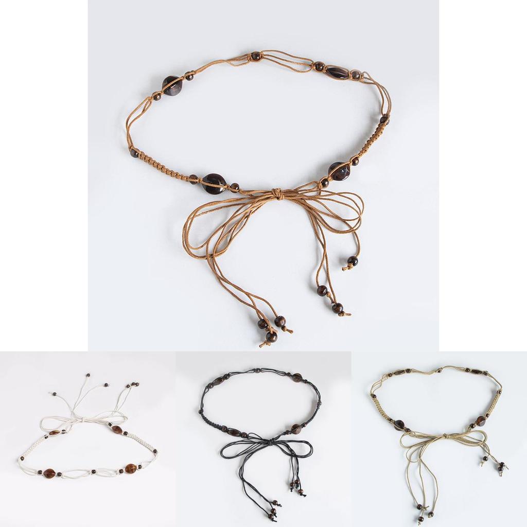Bohemian Cotton Hemp Waist Belt For Casual Vacation Wear With Wooden Beads And Tie Closure