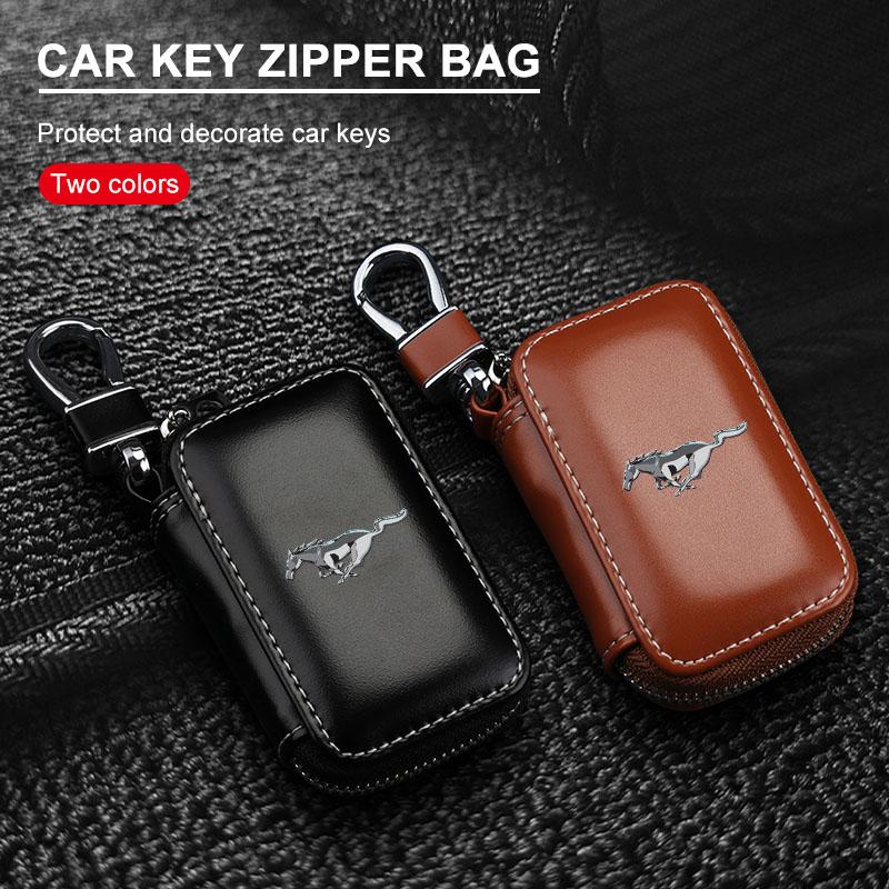 Skórzany emblemat Etui na kluczyk samochodowy Brelok Zapinana na zamek Torba na klucze Akcesoria samochodowe Dla Forda Mustang Explorer Focus Shelby GT350 Kuga Fusion F-150 500