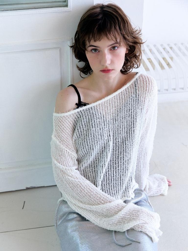 FABRICSEOUL Ribbon Cotton Tail Boat Neck Knitwear_White