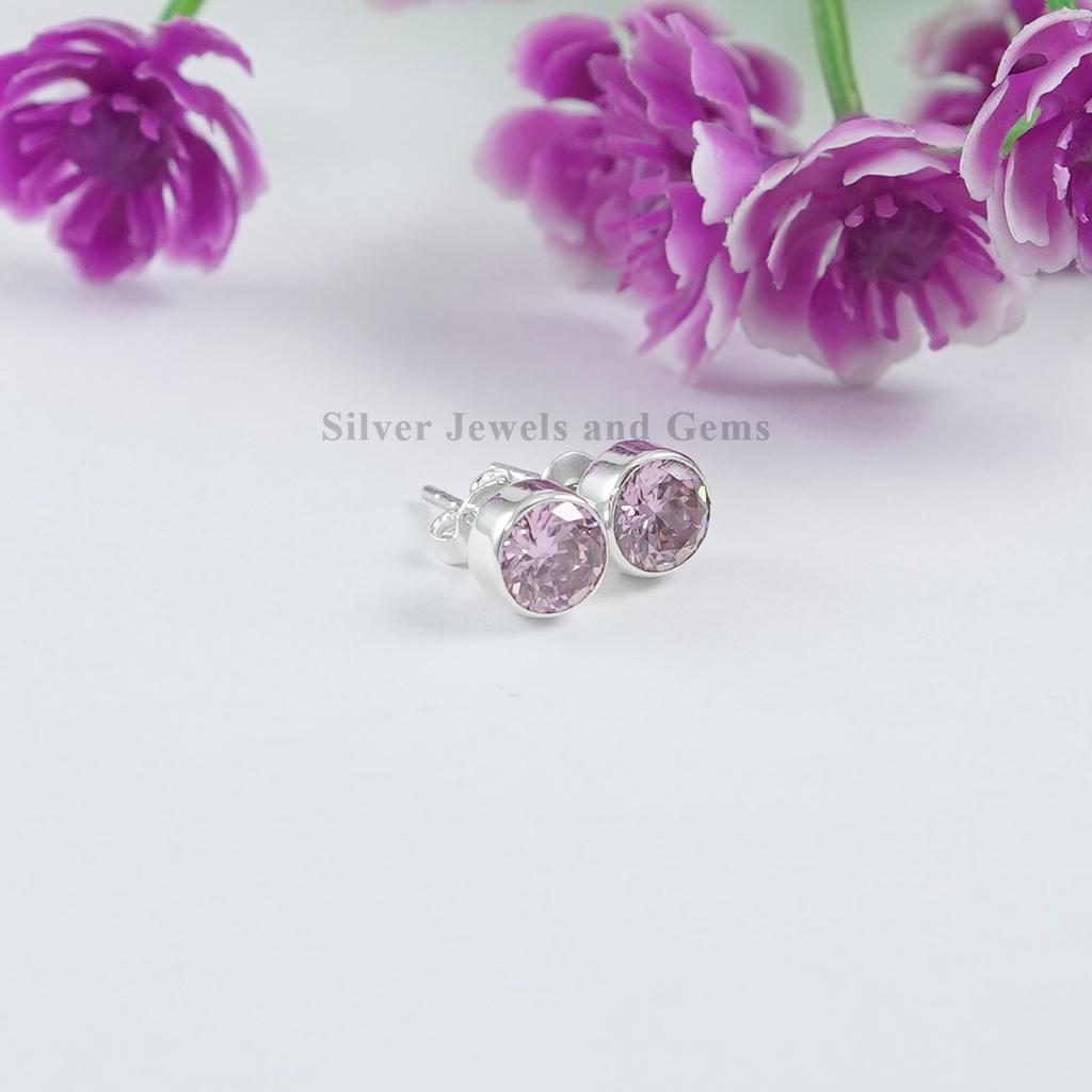 Pink CZ Stud Earrings, 925 Sterling Silver Earrings, Cubic Zirconia Stud Earrings, Gift for Her, Tiny Studs, Women Studs, Gemstone Studs