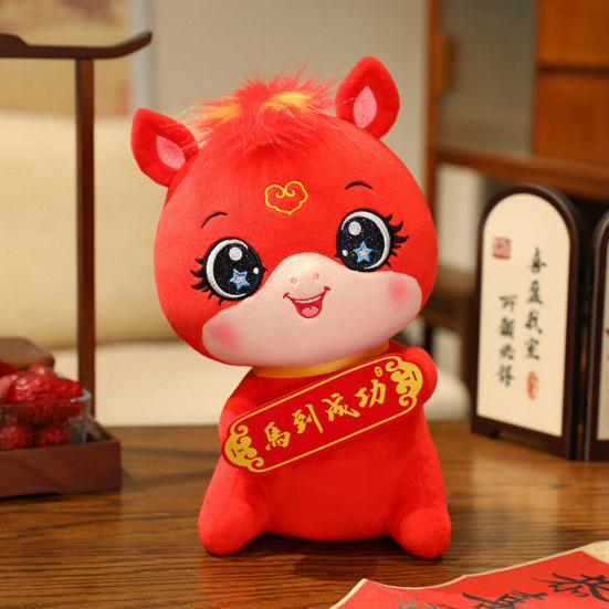 Horse Plush Doll with Blessing Banner Year of The Horse Symbol Traditional Craftsmanship Plush Doll Bedside Car Decoration