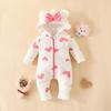 Winter Pink Heart Hooded Romper with Bow and Zipper
