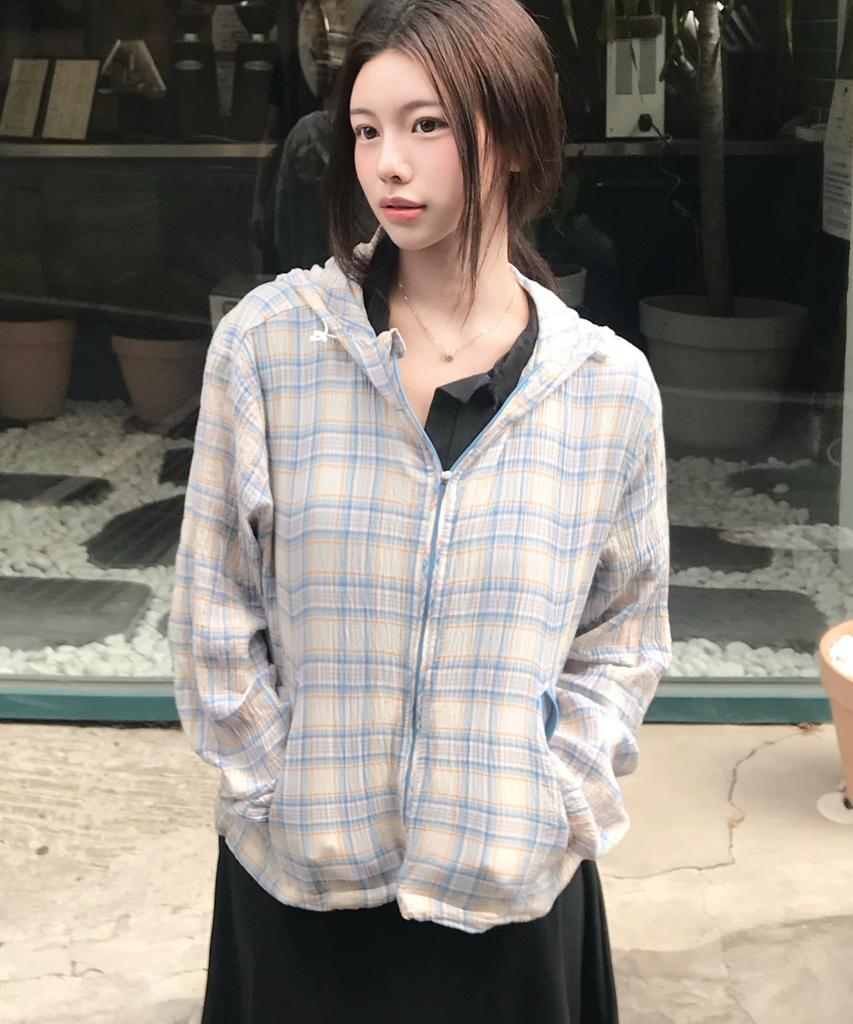 Kruxh Seersucker Crop Hooded Wind Jacket Sky Check