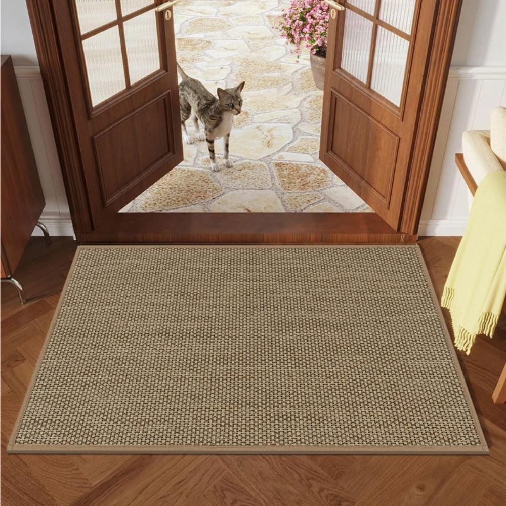 Faux Linen Non-Slip Door Mat TPR Self-Adhesive Washable Entry Rug Water Absorbent Stain Resistant Retro Home Entrance Floor Mat