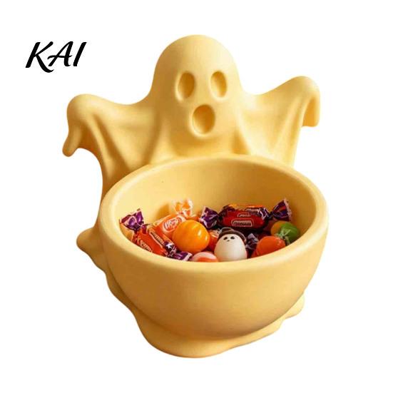 Cute Macaron Color Trinket Dish 3D Printed Ghost Candy Bowl for Halloween Party Decorations, Multi-functional Desktop Storage Home Decor Organizer