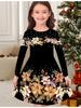 Mädchen Herbst- und Wintermodekleid, 3D-Blumendruck Rundhalsausschnitt Lang Kinder-T-Shirt-Kleid, Lässig Vielseitig, Weihnachtskleidung