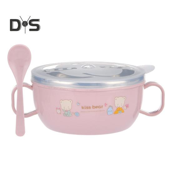 Kids Training Bowl Fall Resistance High Temperature Resistant with Lid Easy To Clean Dual Handles Dustproof Stainless Steel Cartoon Kids Bowl