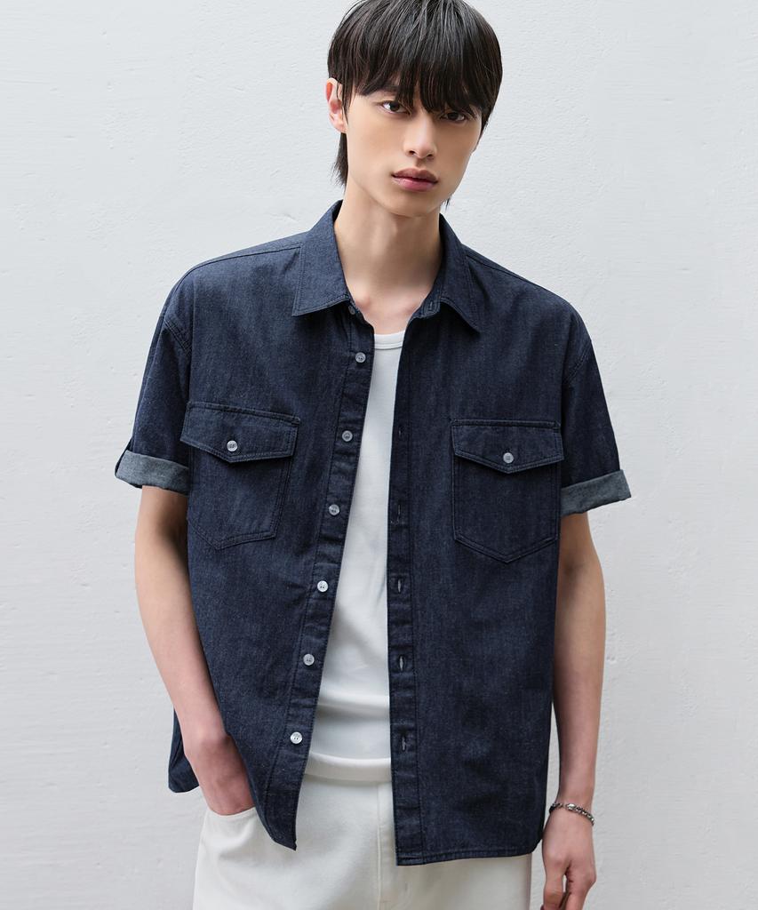 DRAW FIT [Genflox X Drawfit] Linen Denim Roll-Up Shirt [3 Colors]