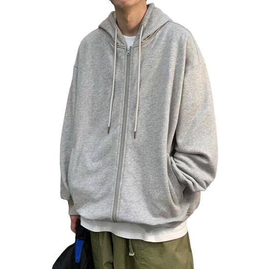 Men Hooded Jacket Zip-up Loose Sweatshirt Jacket Solid Color Casual Spring Autumn Hoodie for Sports School Street Daily Wear